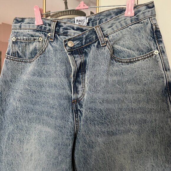 Princess Polly Acid Wash Jeans Cross Over Button Up Wide Leg Women's Size 8 CAD - Picture 6 of 7